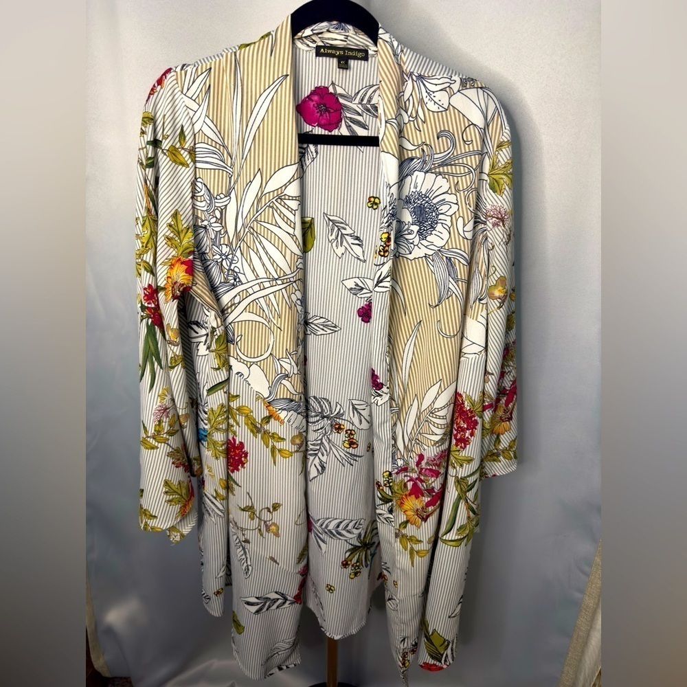 NWOT Always Indigo Floral Print Kimono Coverup, Size 1X
